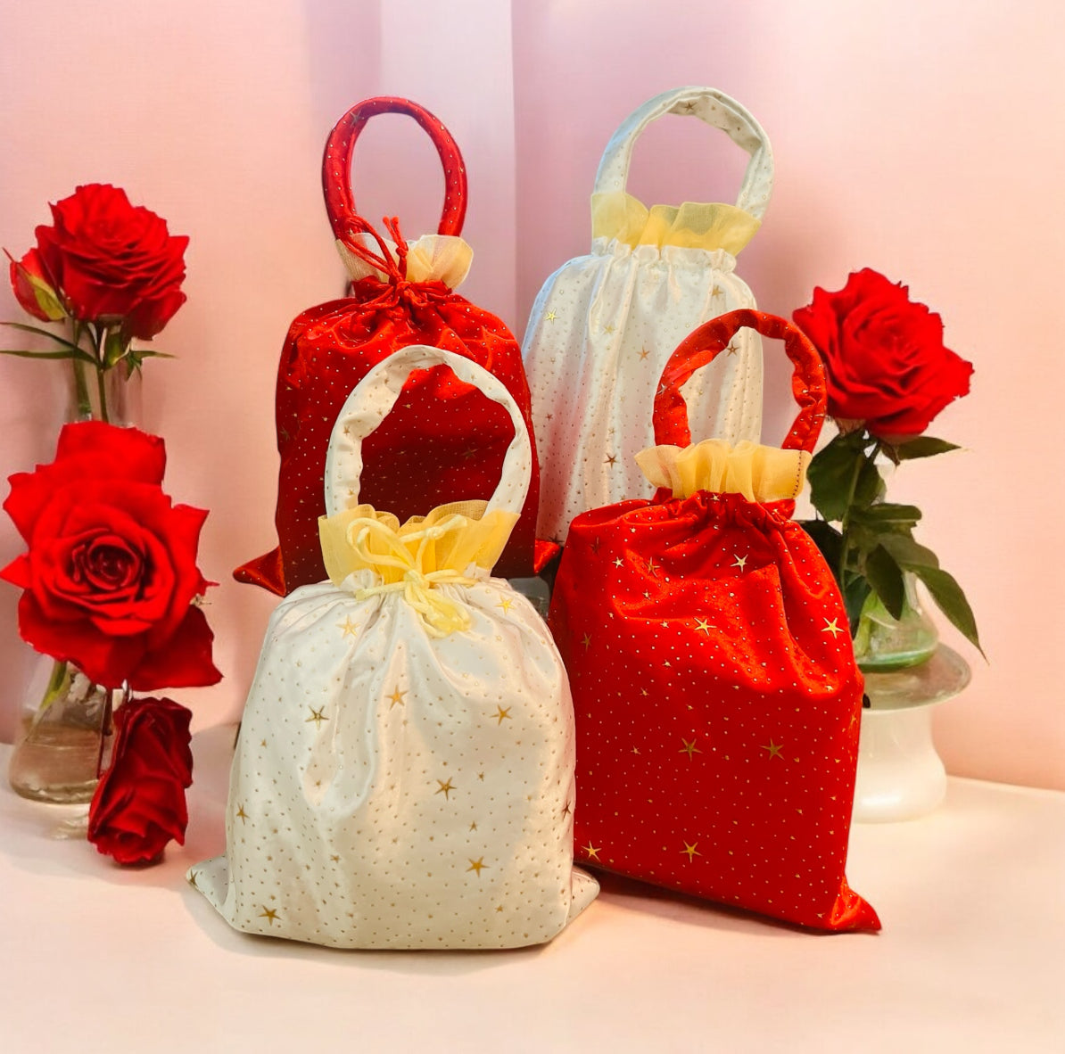 Handmade Elegant Red & White Bindi Silk Potli Bags with Handle