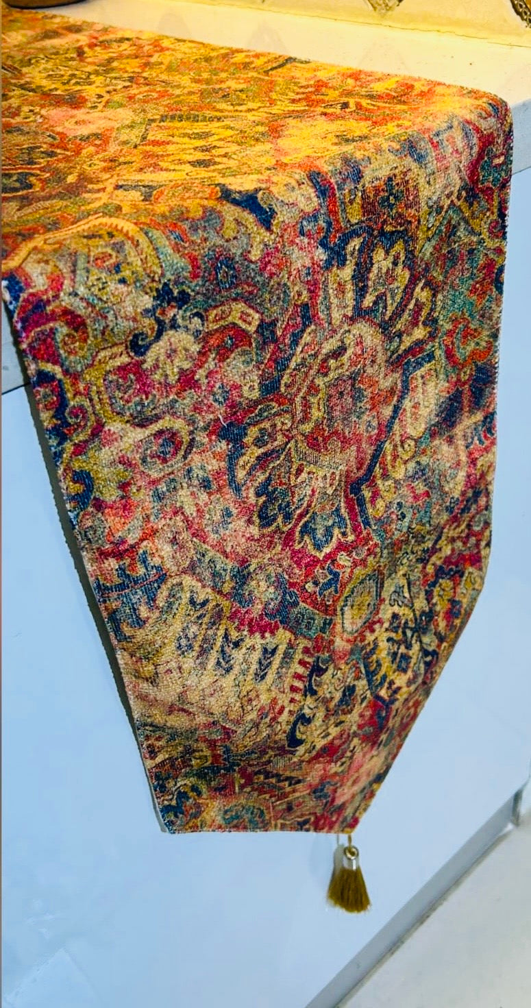 Double-Layered Patterned Cotton Table Runner with Tassels