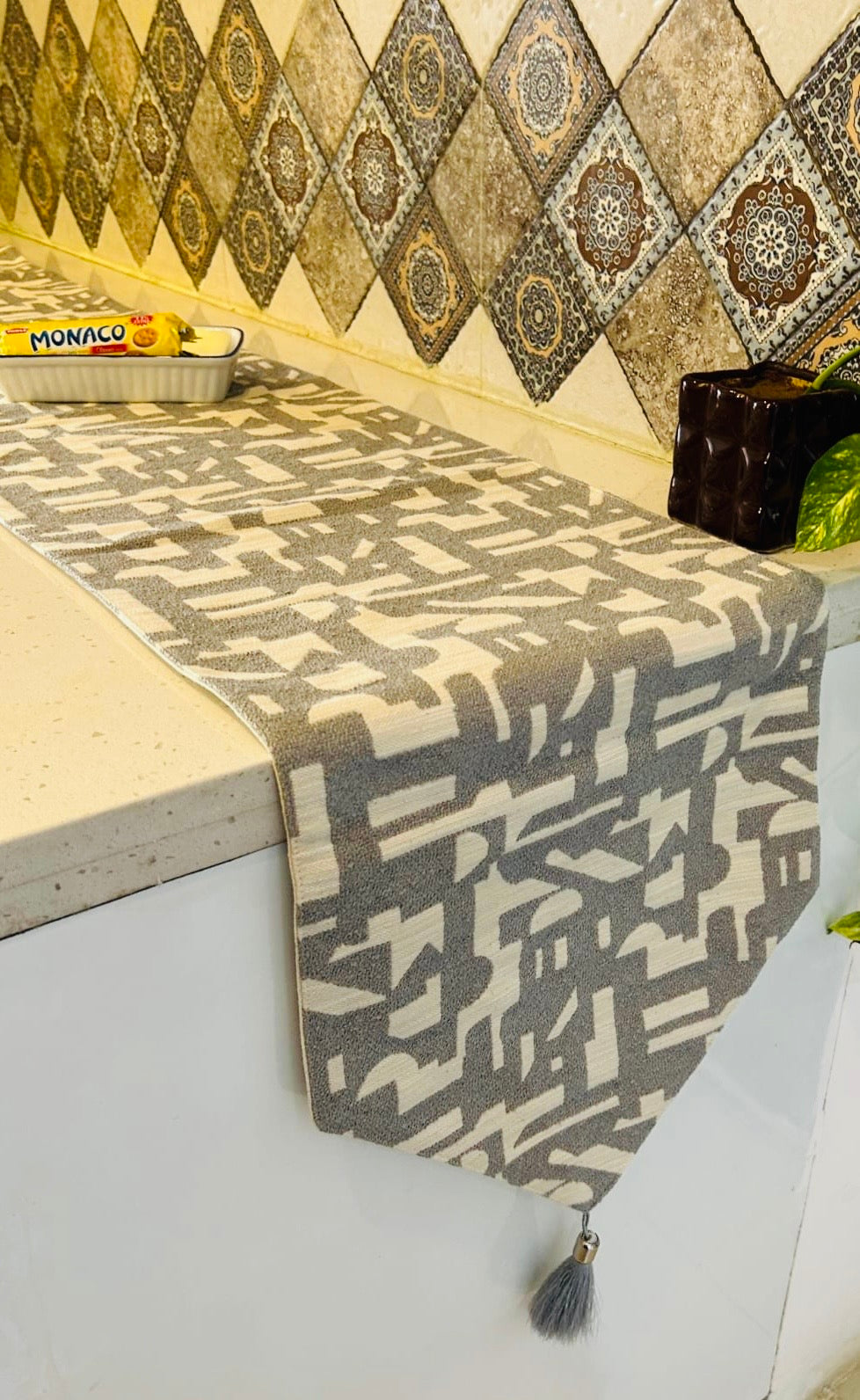 Double-Layered Grey Geometric Pattern Cotton Table Runner with Tassels