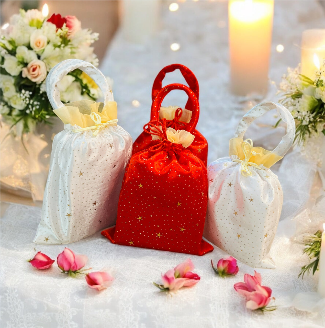 Handmade Elegant Red & White Bindi Silk Potli Bags with Handle