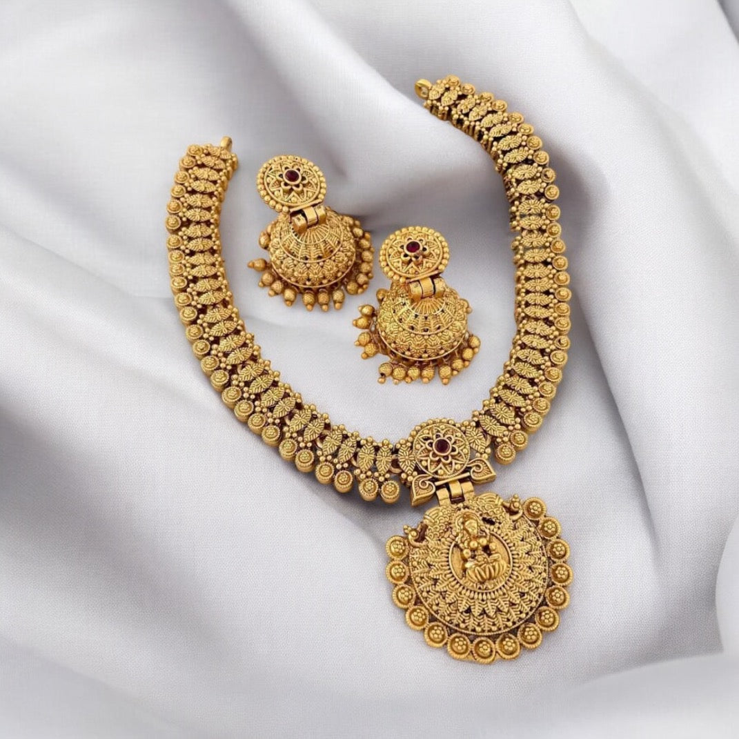 Temple Jewelry Choker Necklace and Jhumka Earring Set – Gold Finish
