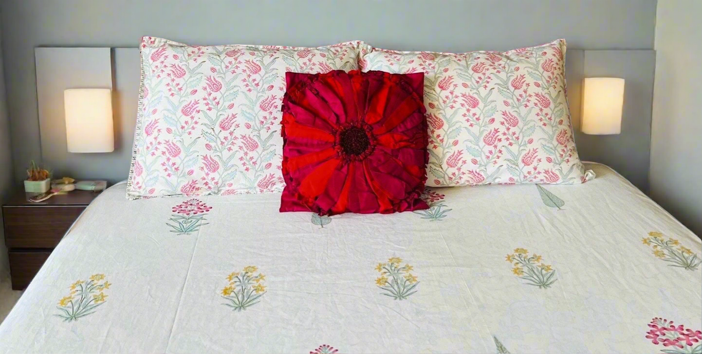 Handmade Floral Block Print Cotton Flat Bedsheet with 2 Reversible Pillow