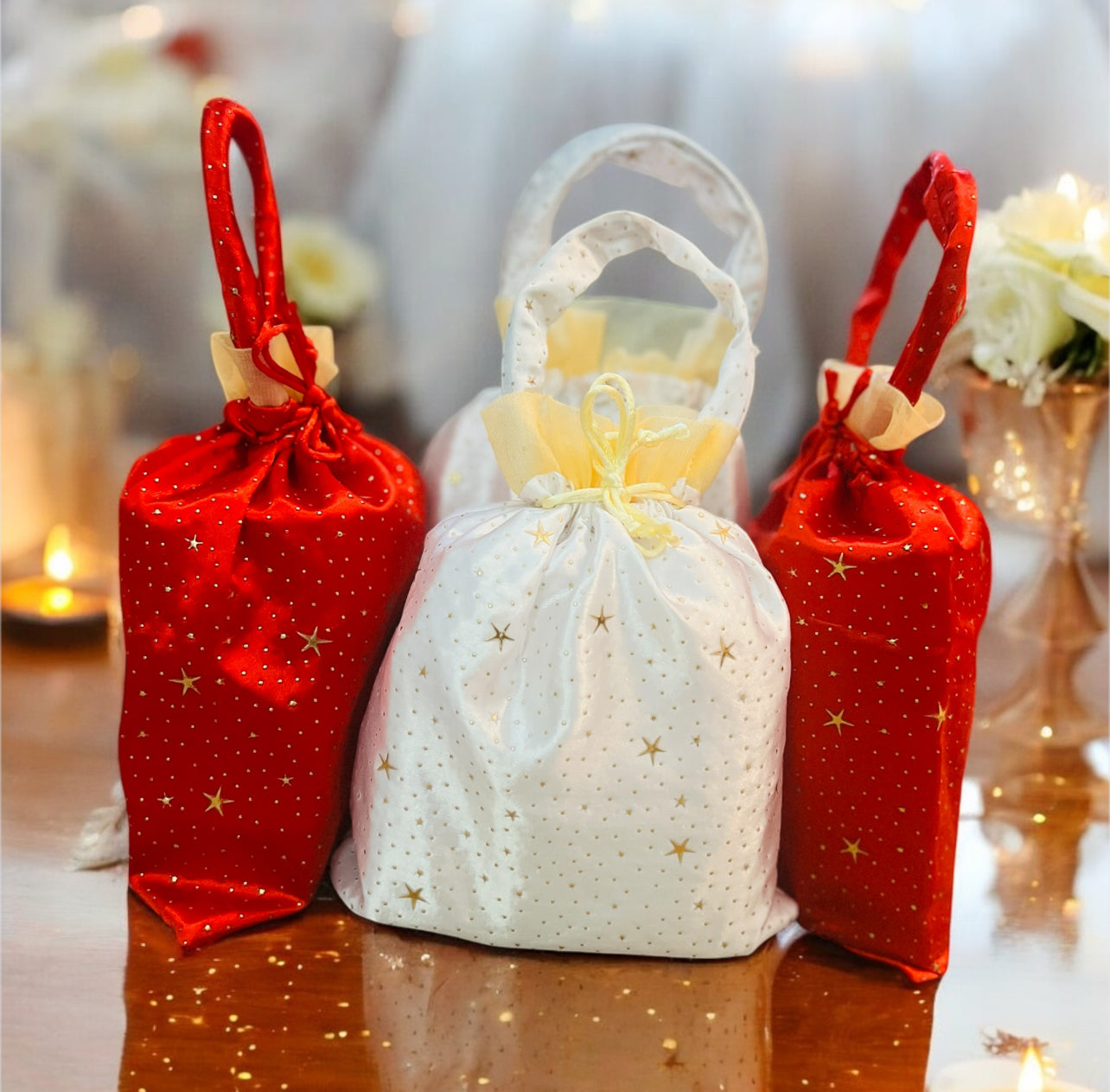 Handmade Elegant Red & White Bindi Silk Potli Bags with Handle