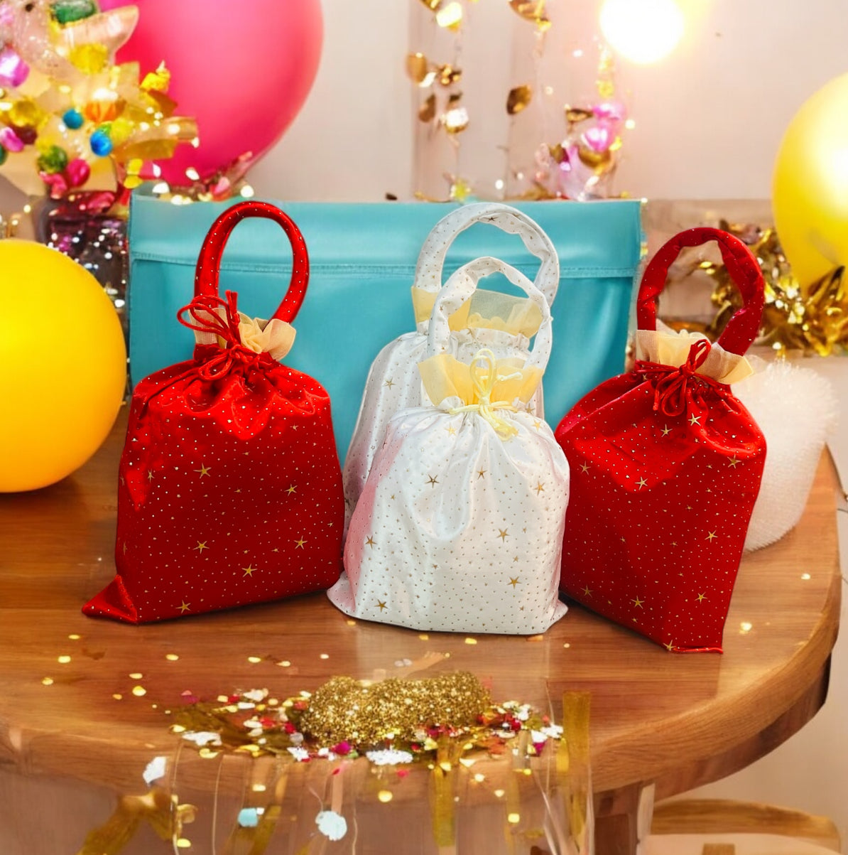 Handmade Elegant Red & White Bindi Silk Potli Bags with Handle