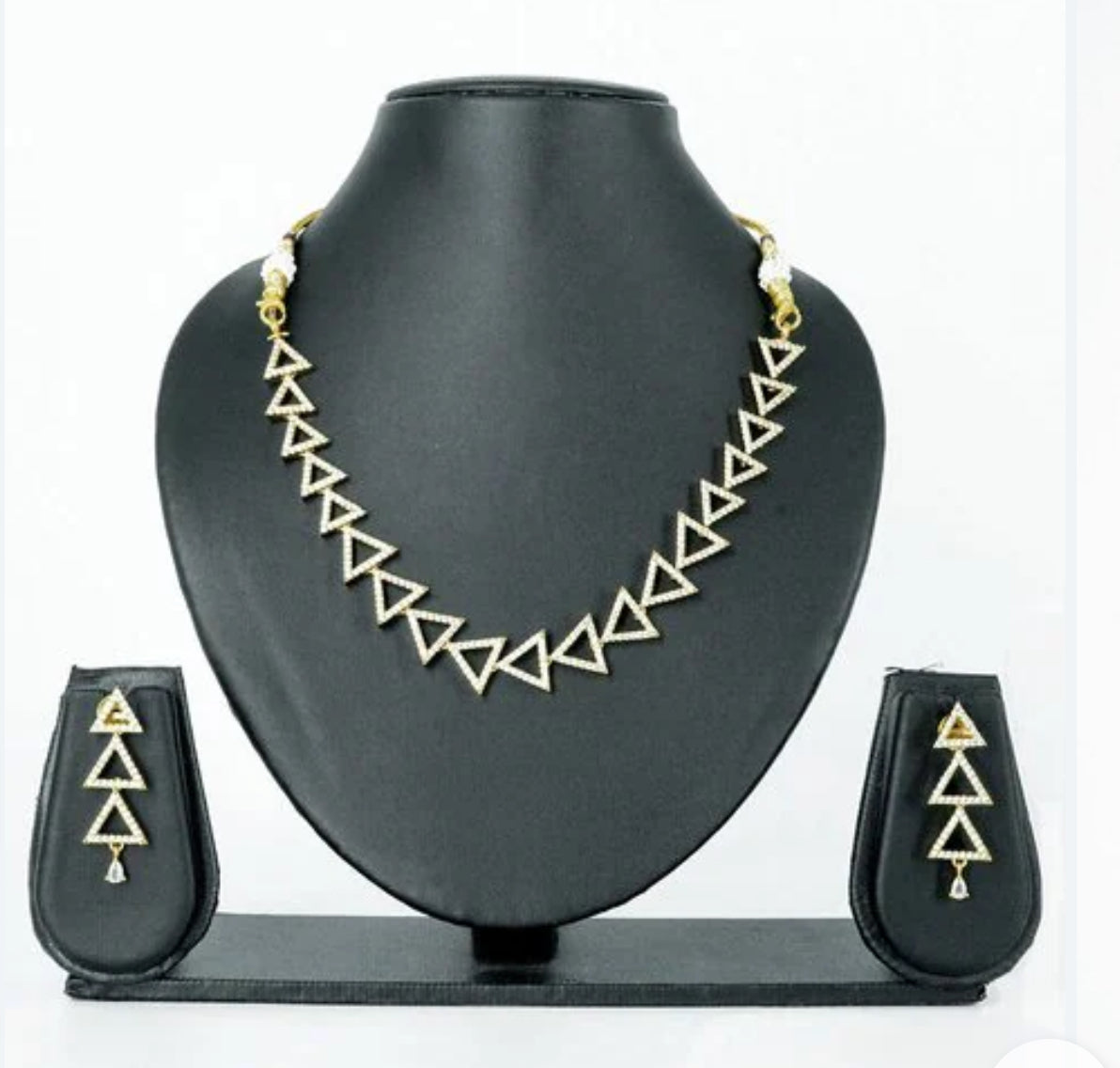 Stone Studded Triangle Cut Gold Plated Necklace with Matching Earrings
