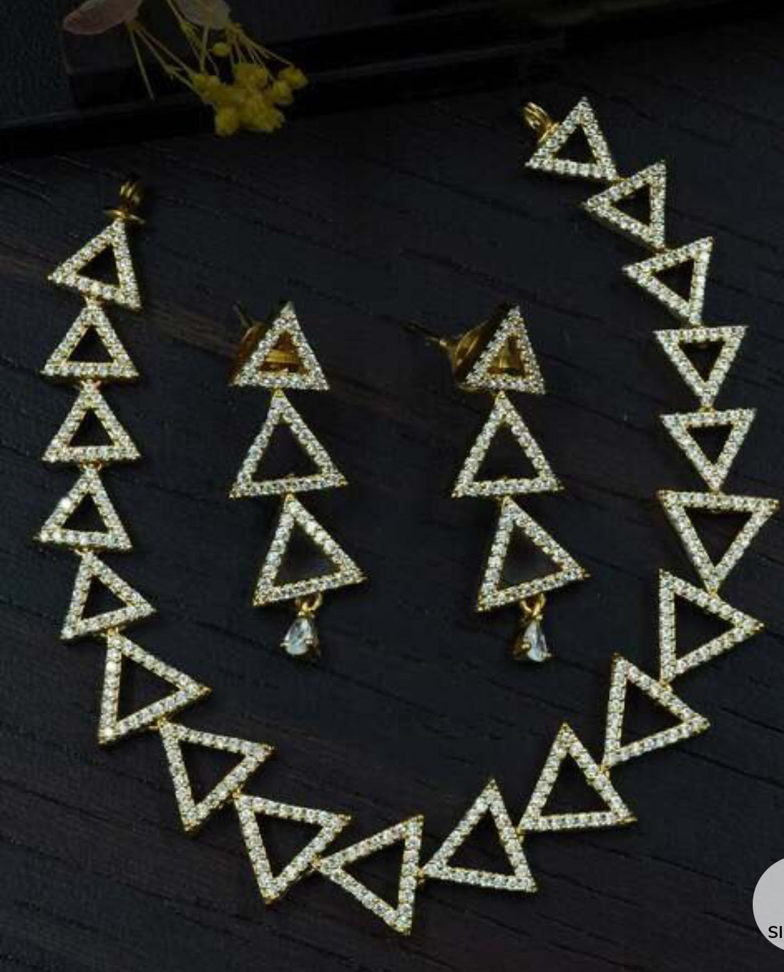Stone Studded Triangle Cut Gold Plated Necklace with Matching Earrings
