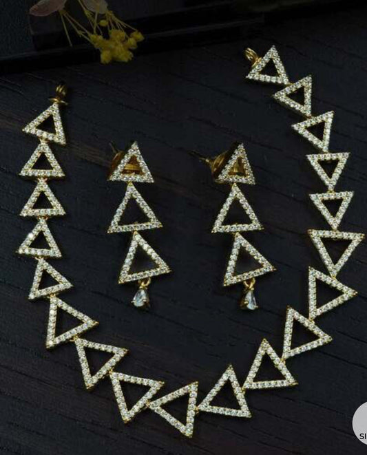 Stone Studded Triangle Cut Gold Plated Necklace with Matching Earrings