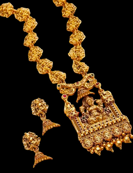 Premium Quality Gold-Plated Temple Jewelry Set with Red Stone Studded
