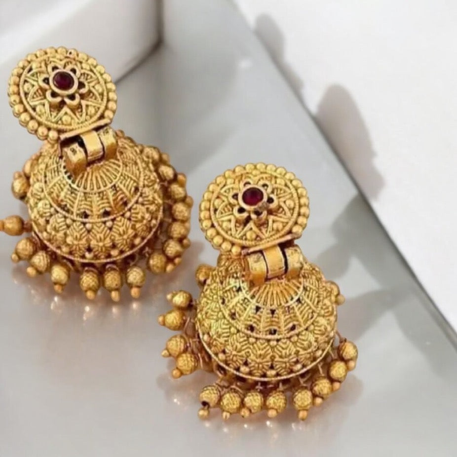 Temple Jewelry Choker Necklace and Jhumka Earring Set – Gold Finish