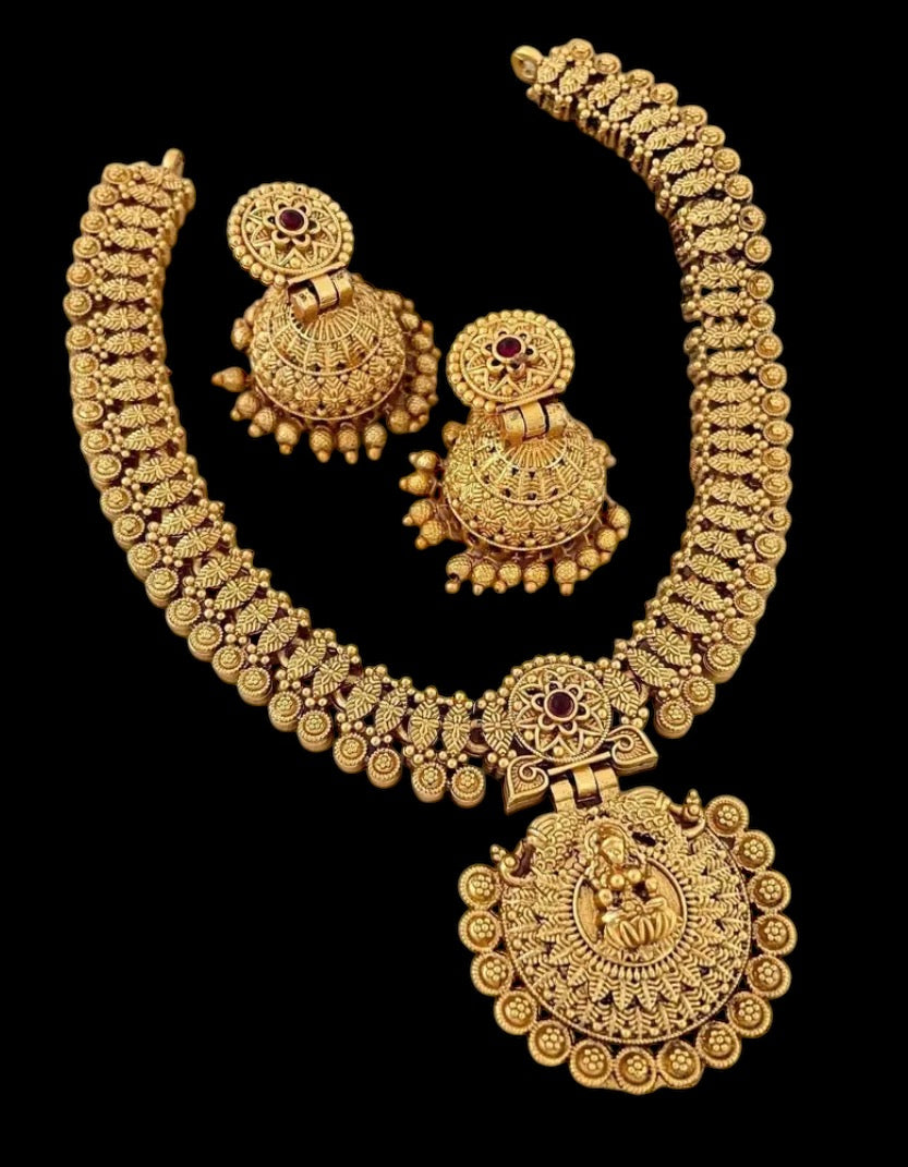 Temple Jewelry Choker Necklace and Jhumka Earring Set – Gold Finish