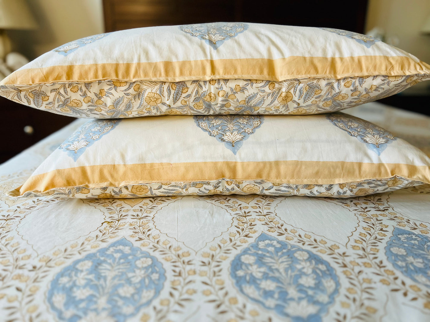 Jaipur block print cotton flat bedsheet with reversible pillow cases set