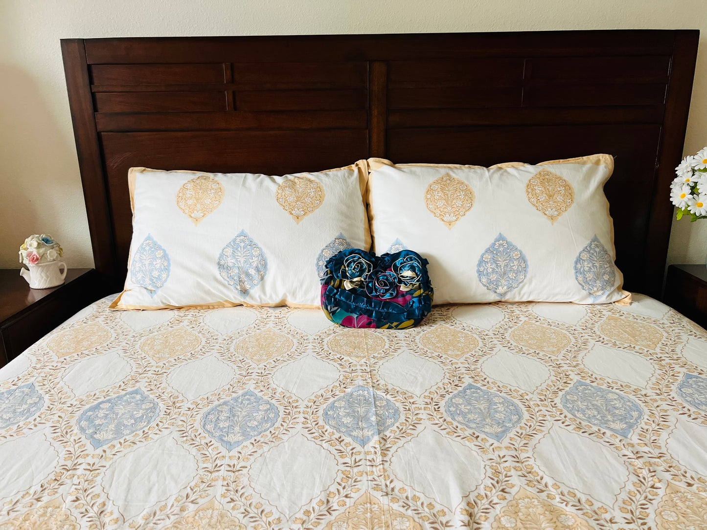 Jaipur block print cotton flat bedsheet with reversible pillow cases set