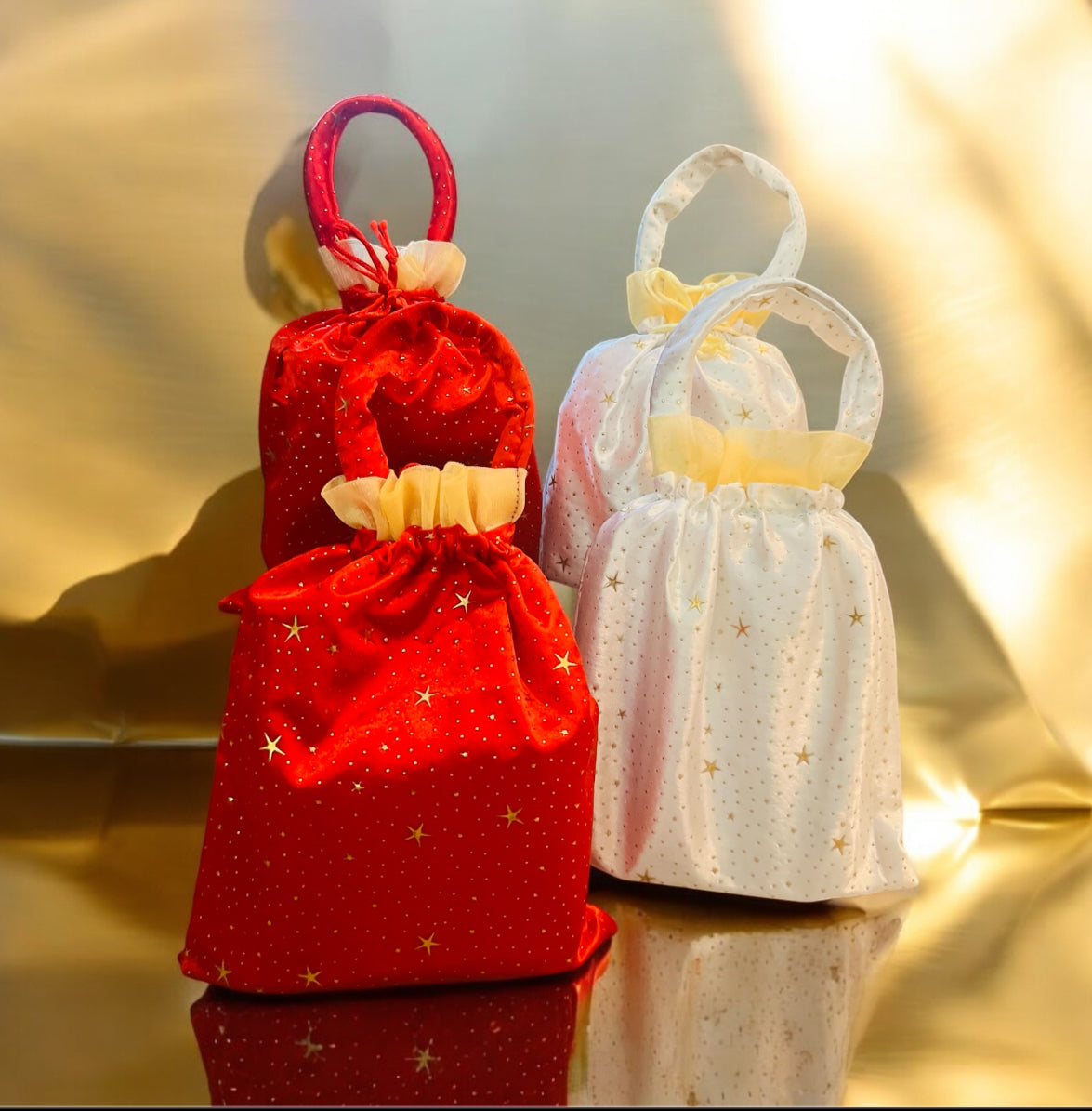 Handmade Elegant Red & White Bindi Silk Potli Bags with Handle