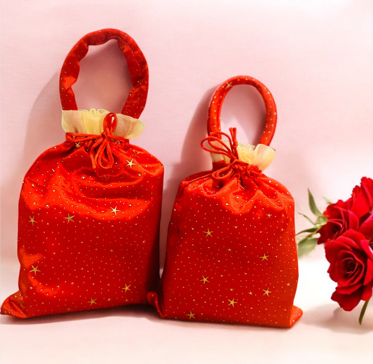 Handmade Elegant Red & White Bindi Silk Potli Bags with Handle