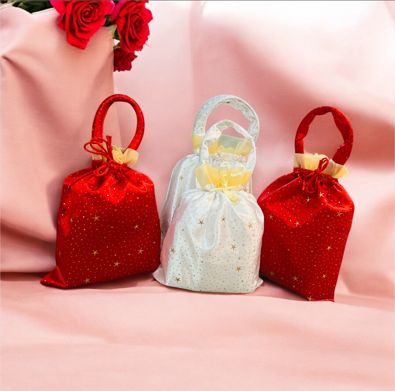 Handmade Elegant Red & White Bindi Silk Potli Bags with Handle