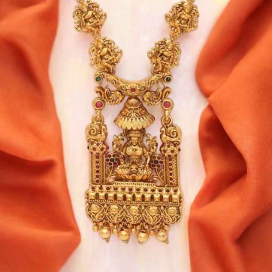 Premium Quality Gold-Plated Temple Jewelry Set with Red Stone Studded
