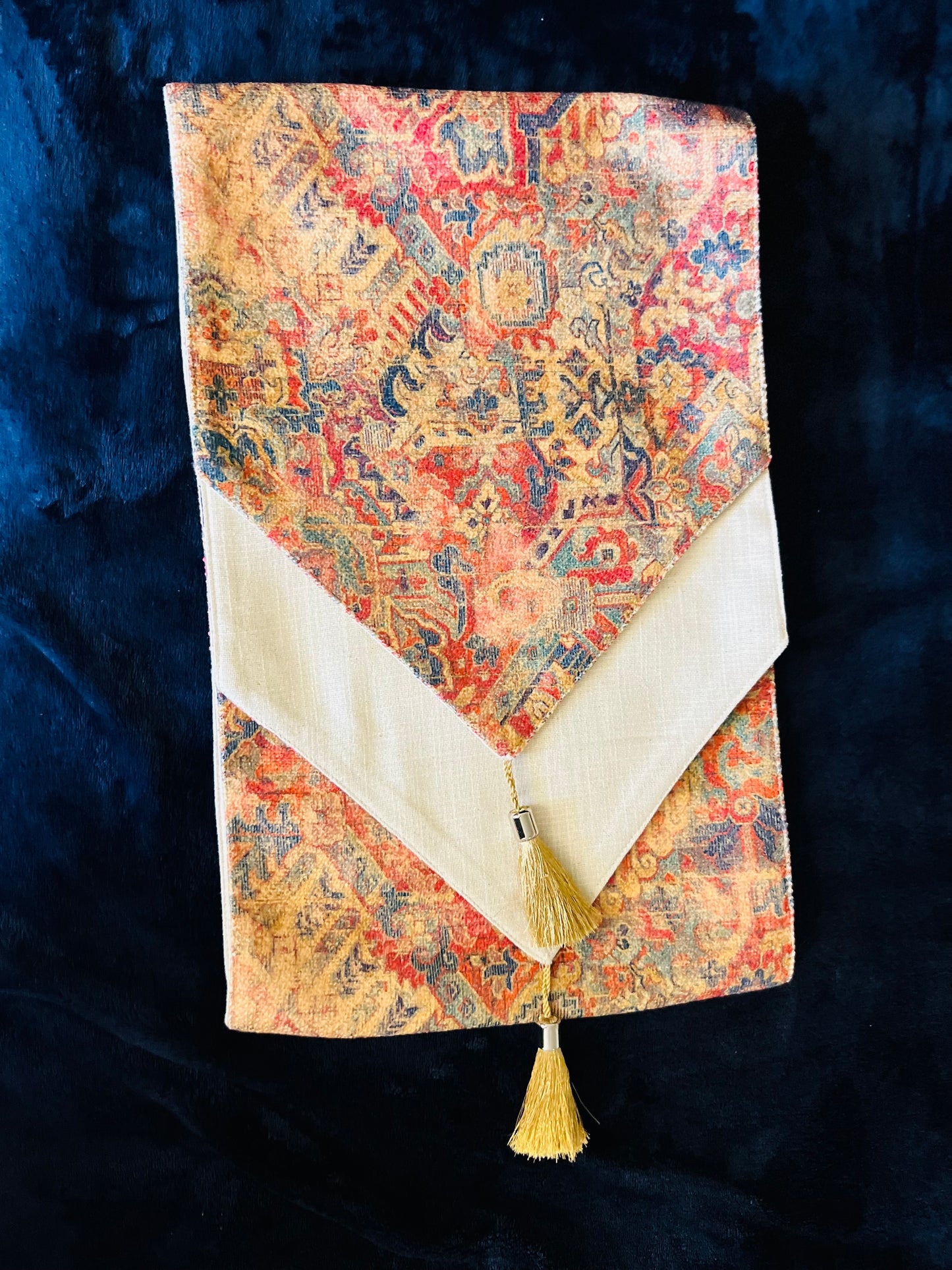 Double-Layered Patterned Cotton Table Runner with Tassels