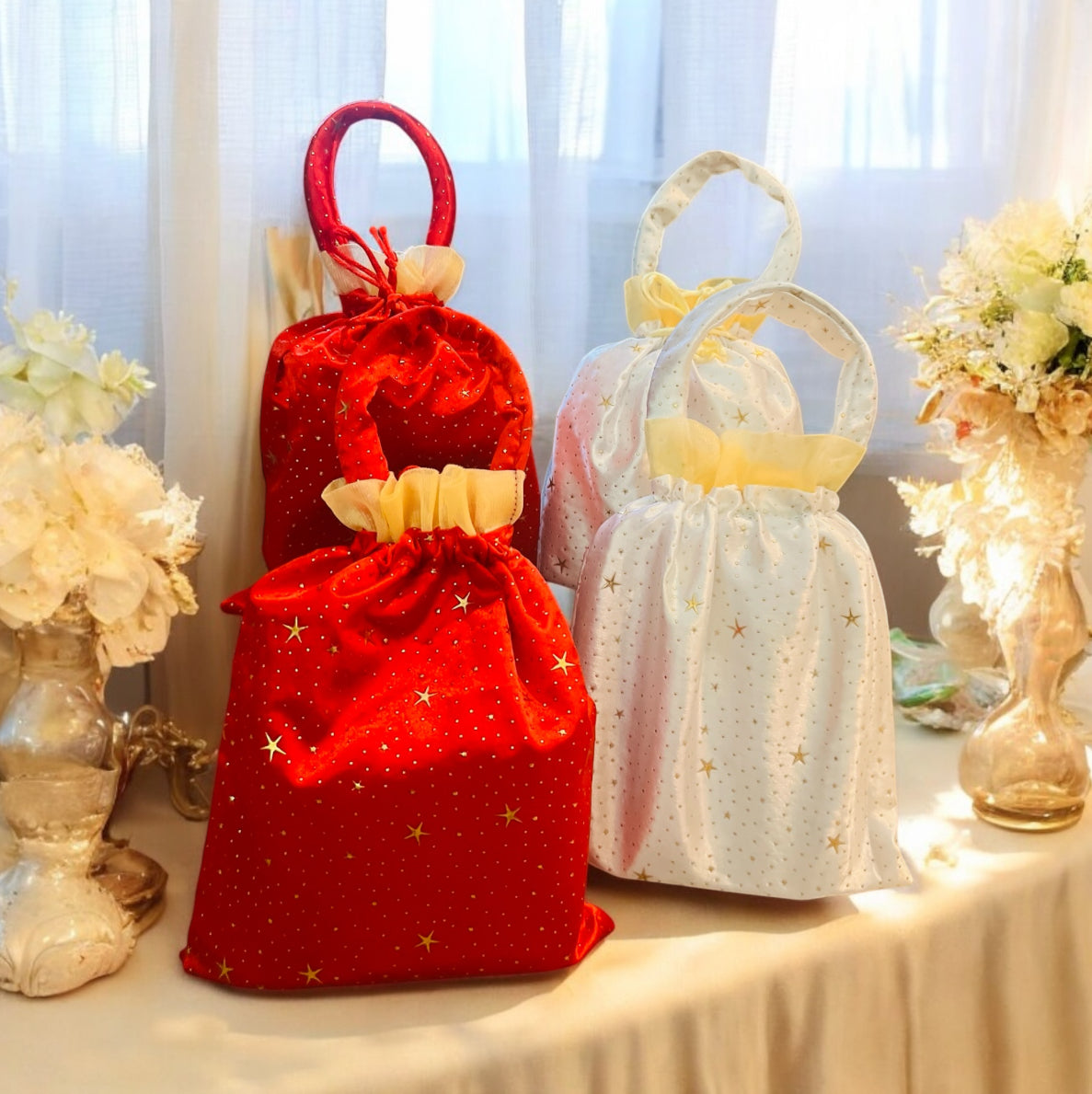 Handmade Elegant Red & White Bindi Silk Potli Bags with Handle