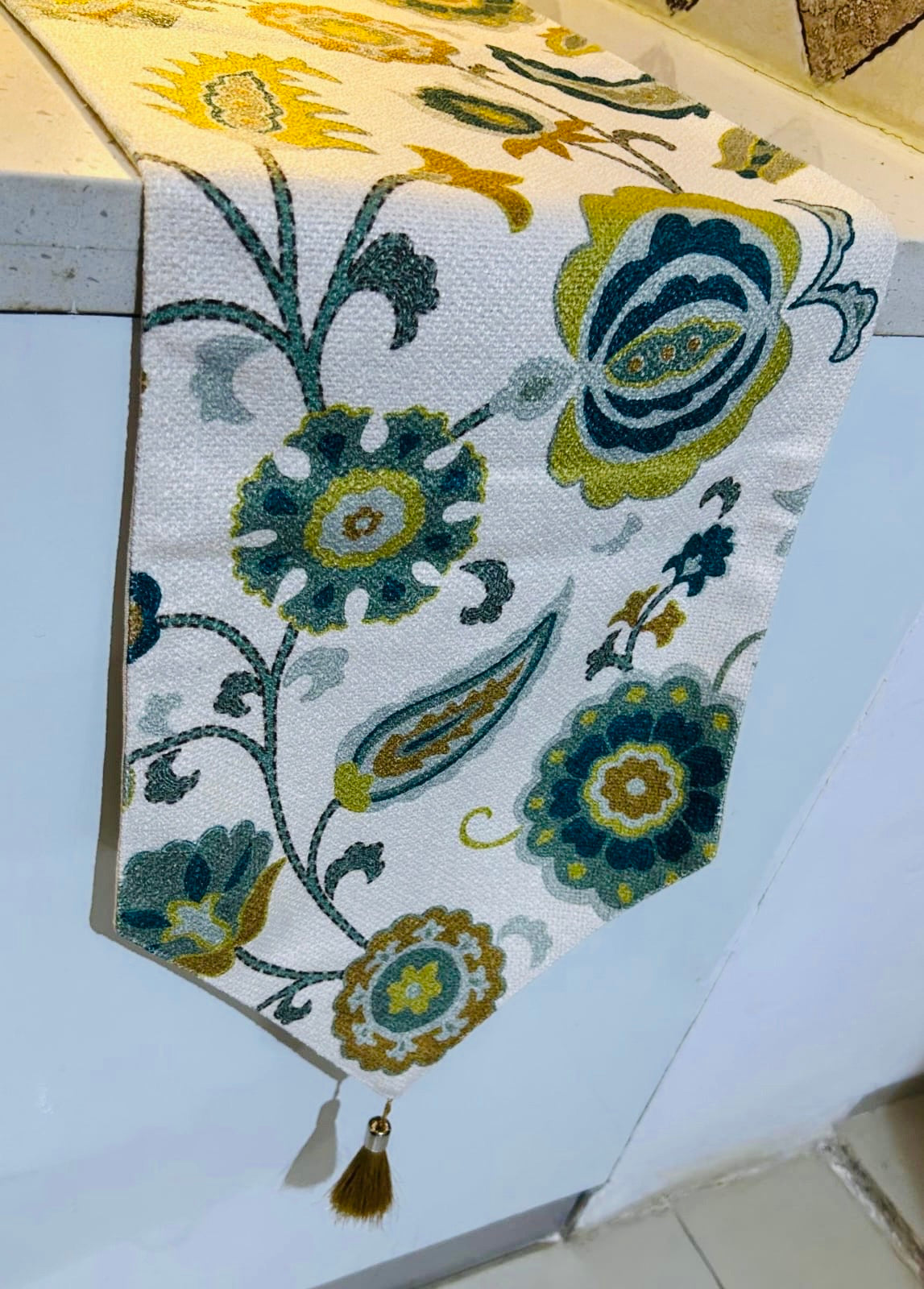 Double-Layered Floral Cotton Table Runner with Tassels