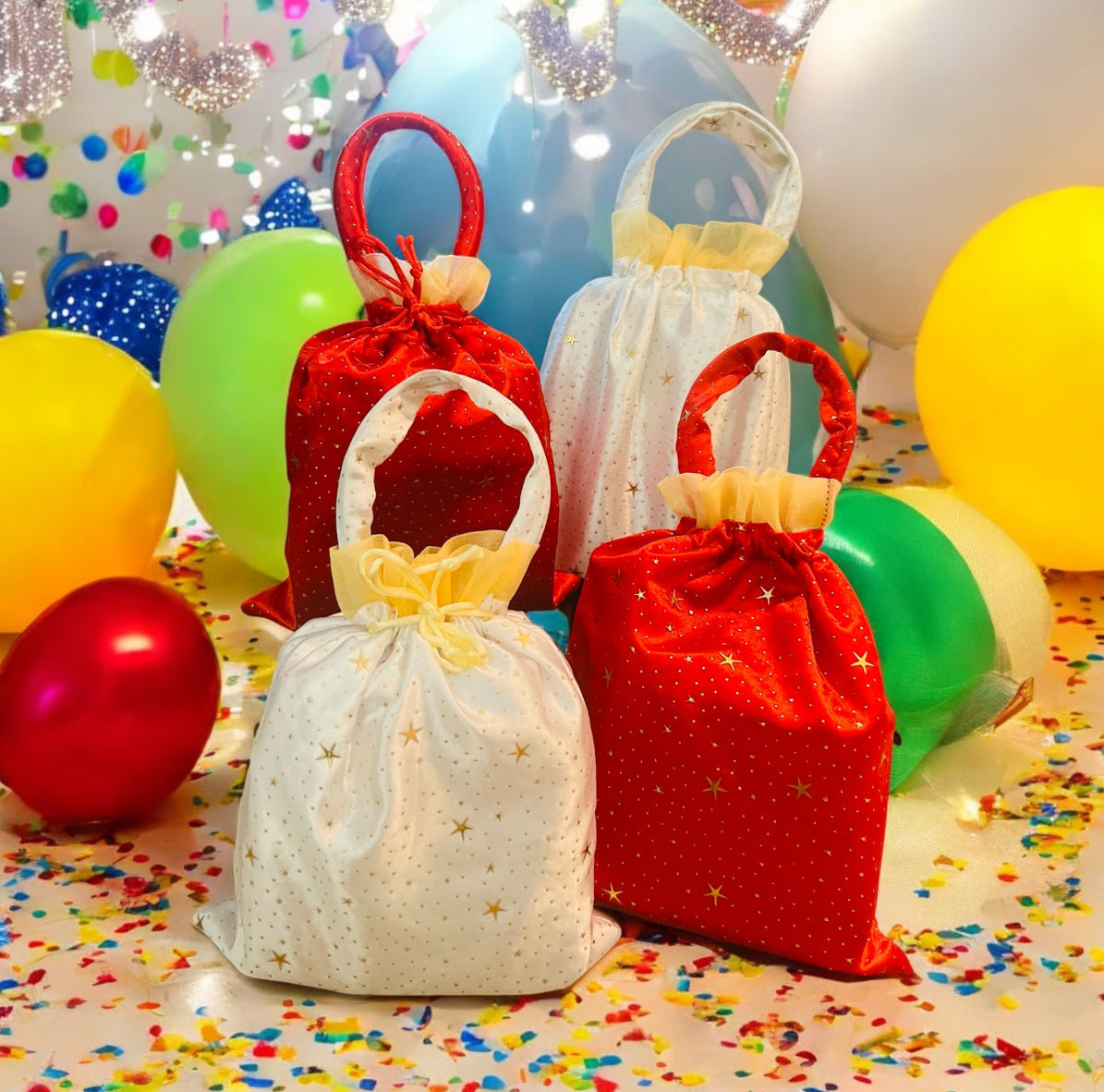 Handmade Elegant Red & White Bindi Silk Potli Bags with Handle