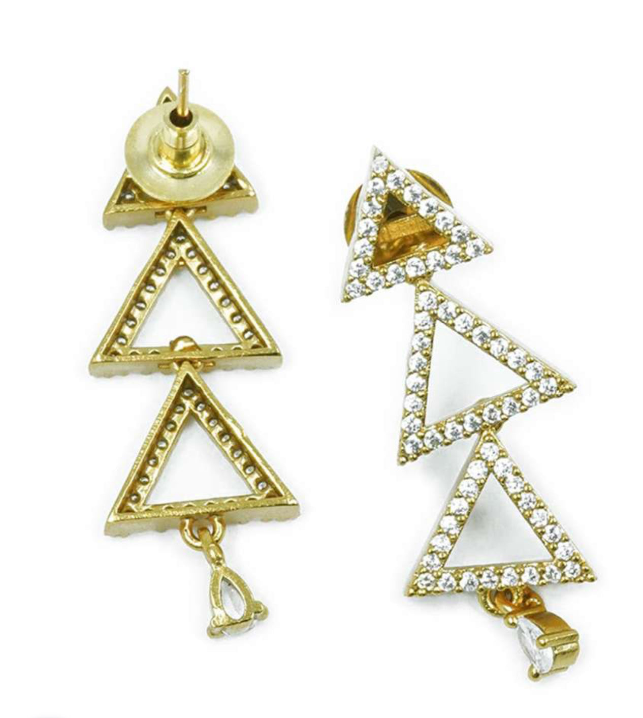 Stone Studded Triangle Cut Gold Plated Necklace with Matching Earrings