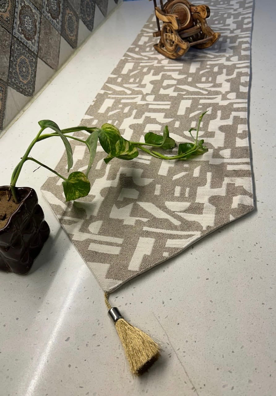 Double-Layered Grey Geometric Pattern Cotton Table Runner with Tassels
