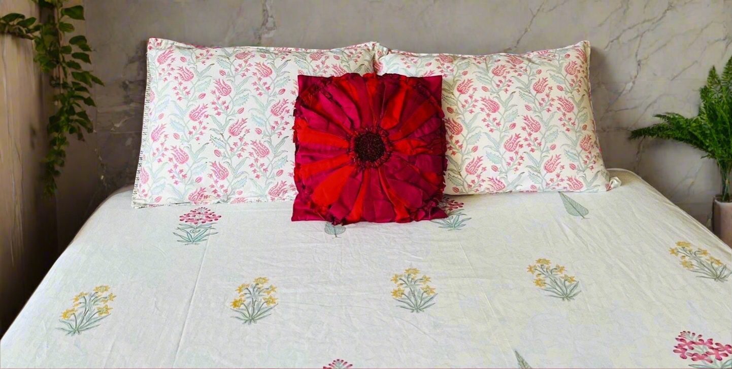 Handmade Floral Block Print Cotton Flat Bedsheet with 2 Reversible Pillow