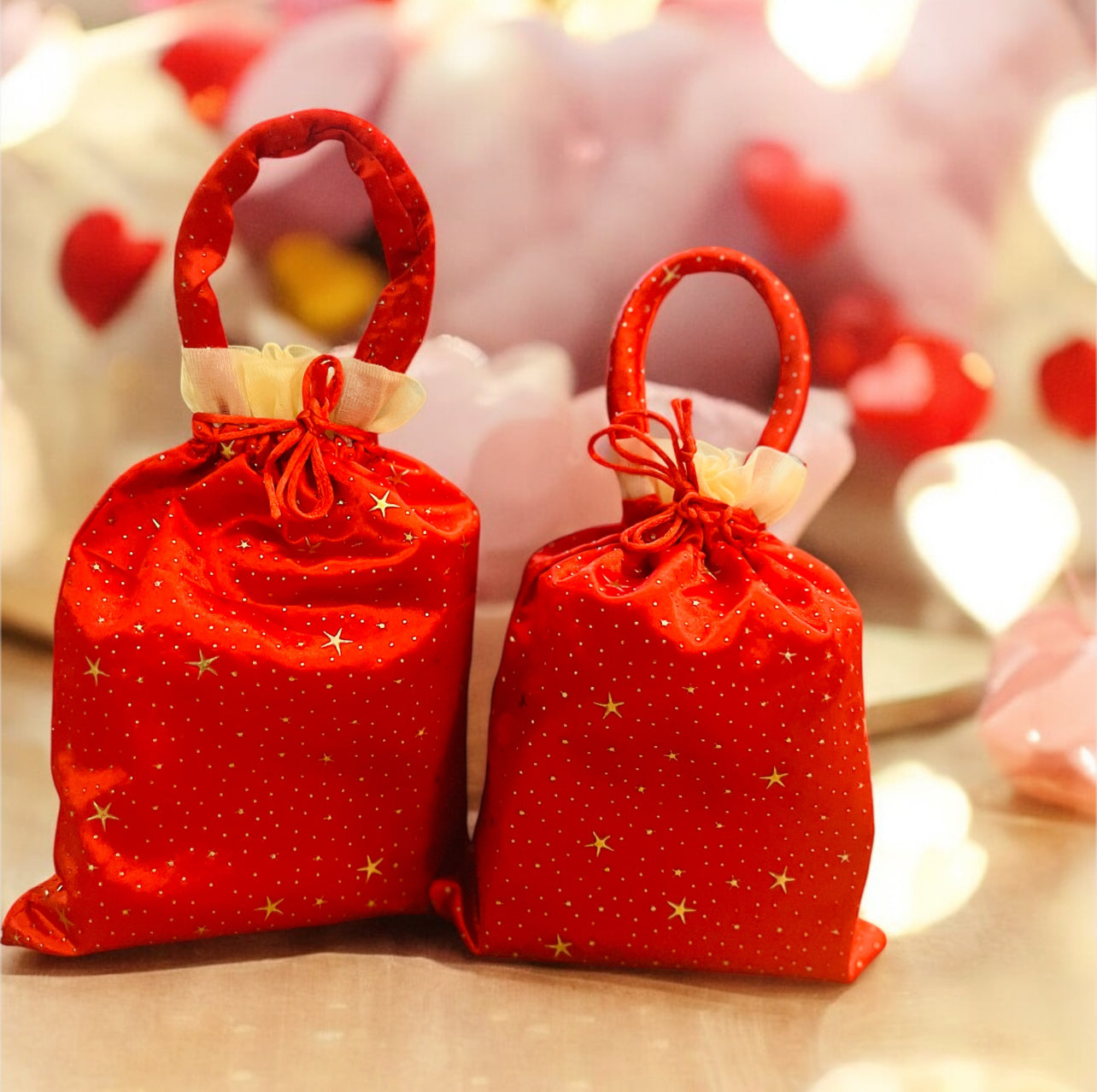 Handmade Elegant Red & White Bindi Silk Potli Bags with Handle