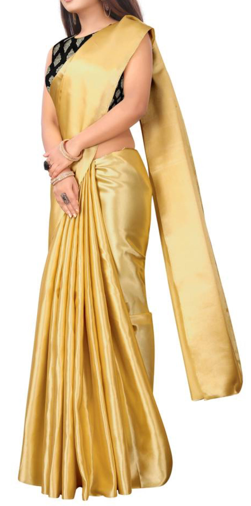 Gold Plain Satin Saree