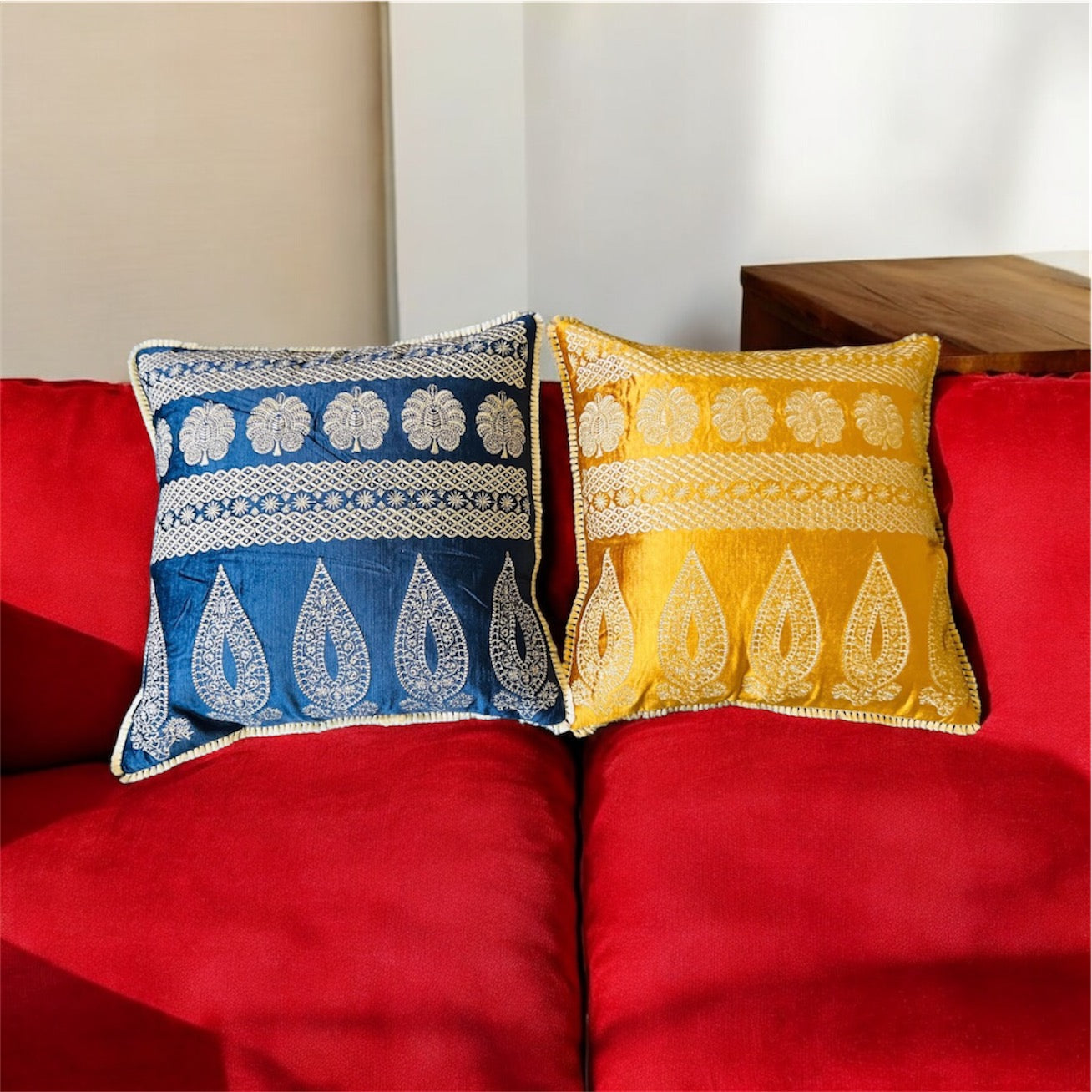 Luxurious Handmade Zari Gold Embroidered pillow, Beautiful Floral Decorative Pillow