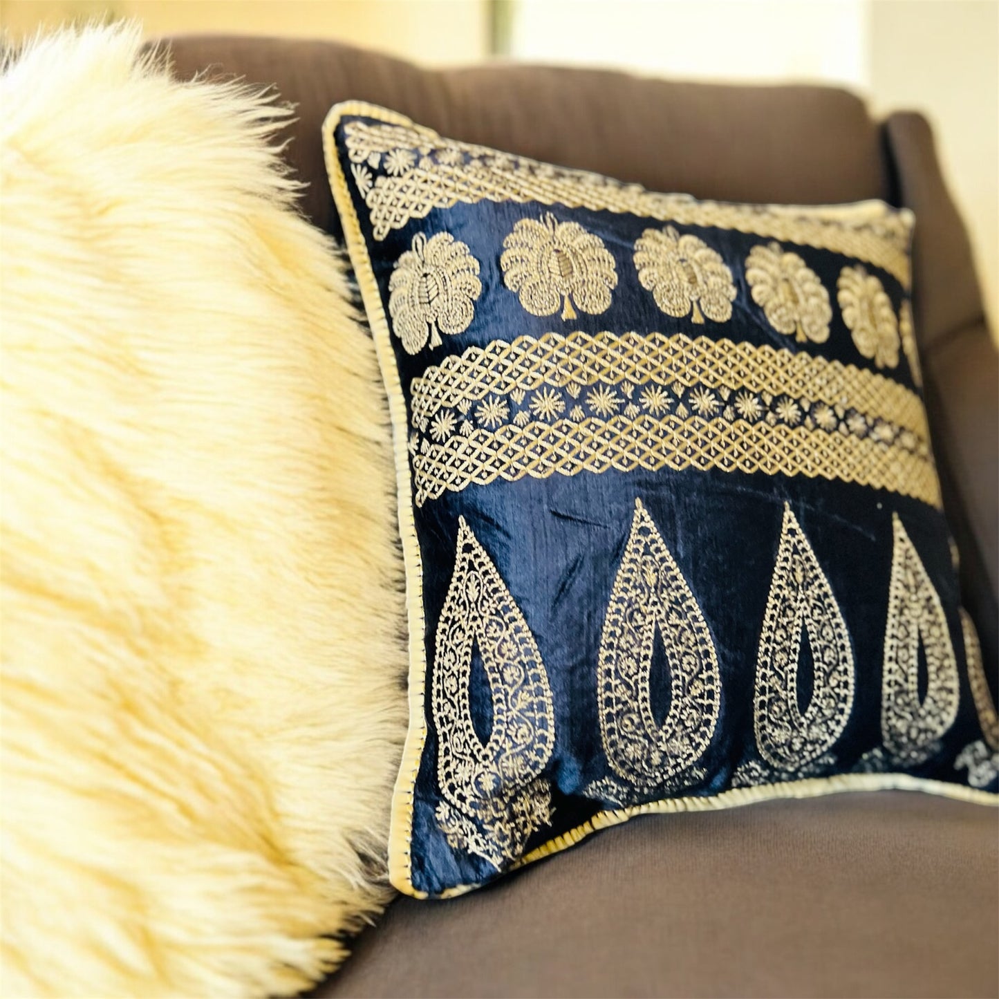 Luxurious Handmade Zari Gold Embroidered pillow, Beautiful Floral Decorative Pillow