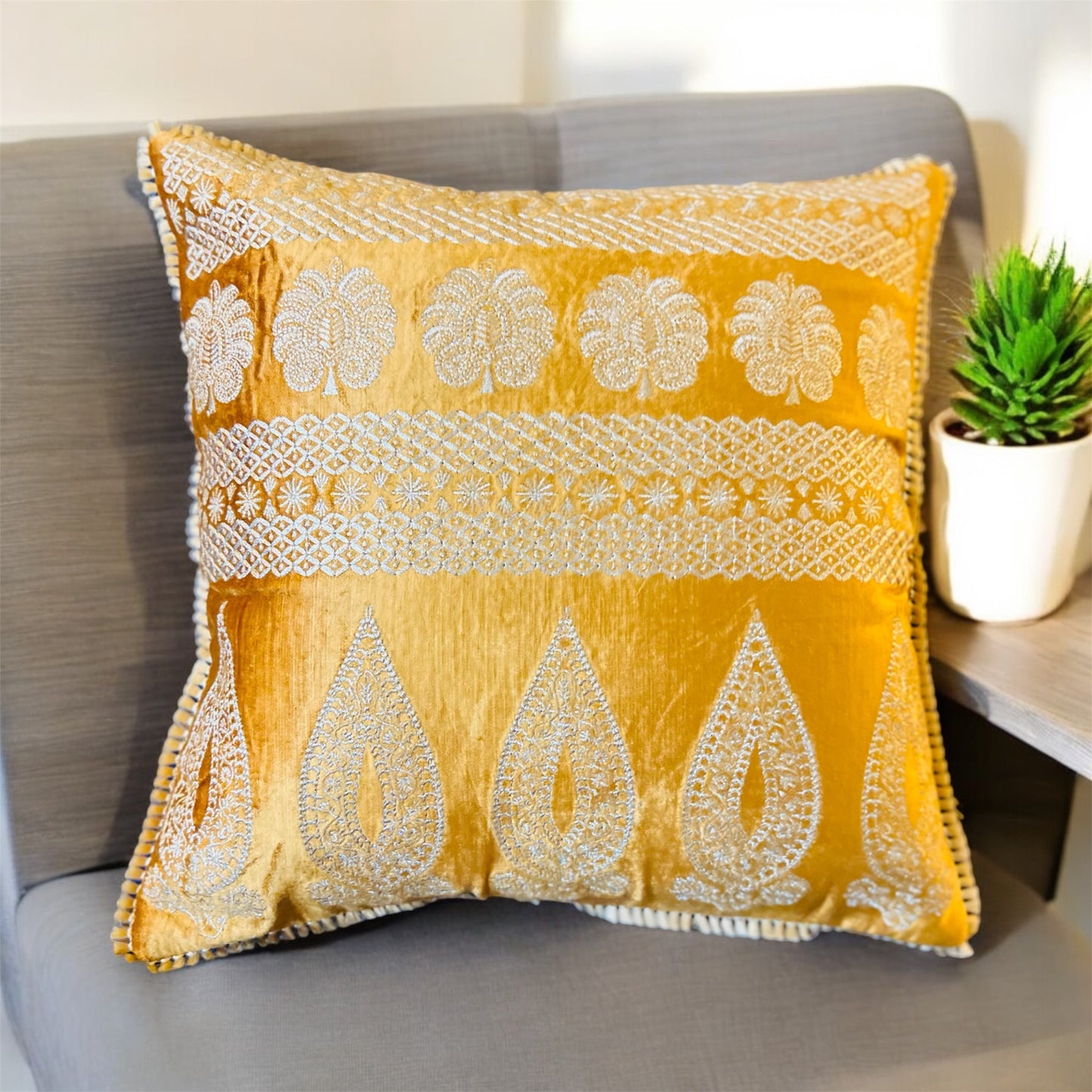 Luxurious Handmade Zari Gold Embroidered pillow, Beautiful Floral Decorative Pillow