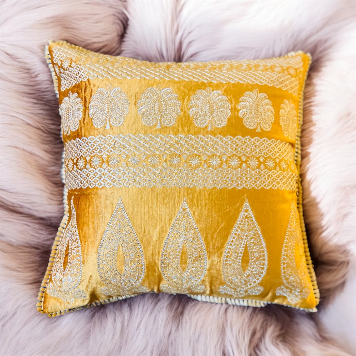 Luxurious Handmade Zari Gold Embroidered pillow, Beautiful Floral Decorative Pillow