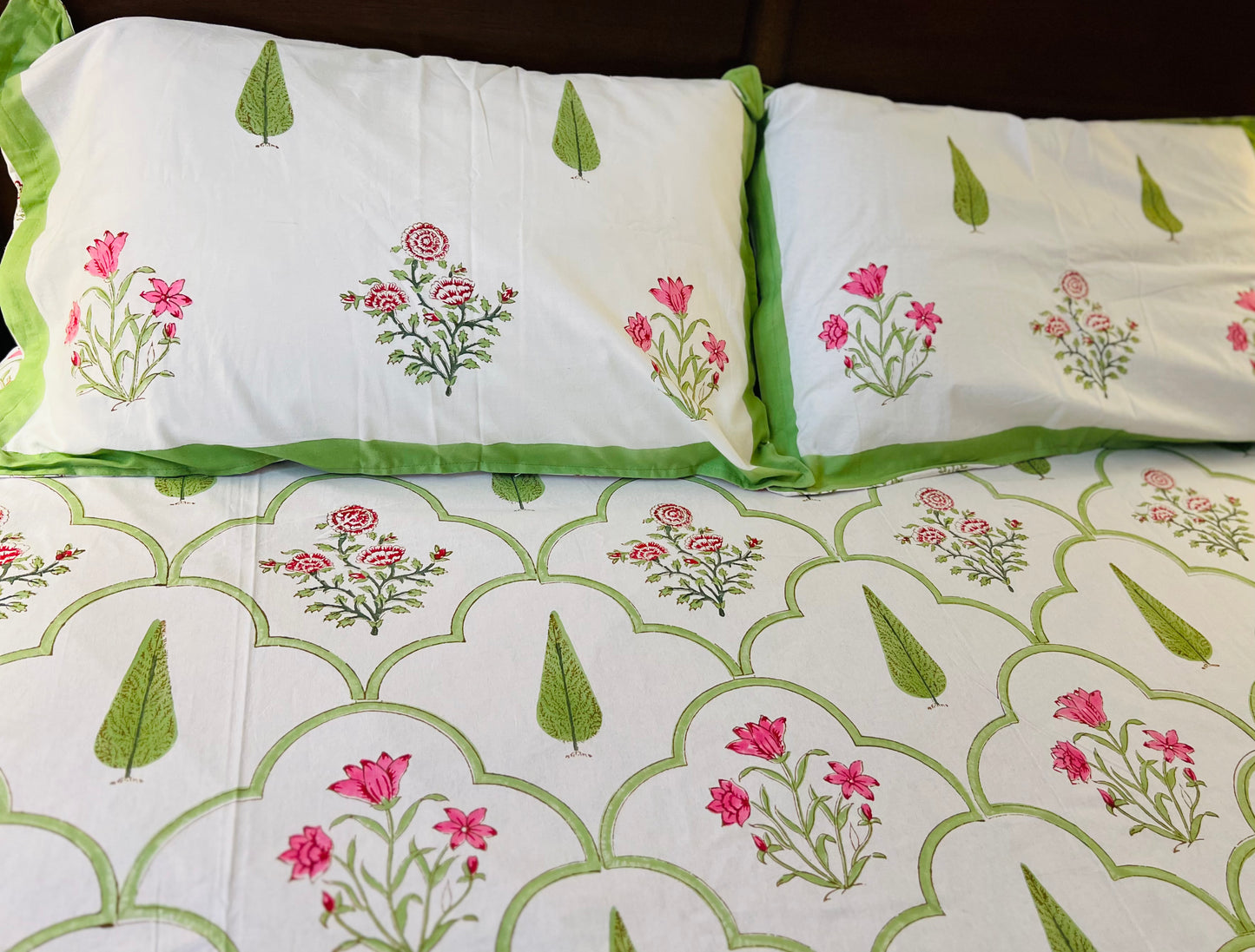 Handmade Floral Block Print Cotton Flat Bedsheet Set with 2 Pillowcase