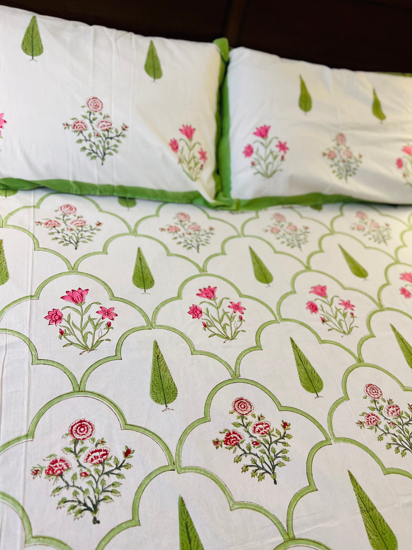 Handmade Floral Block Print Cotton Flat Bedsheet Set with 2 Pillowcase