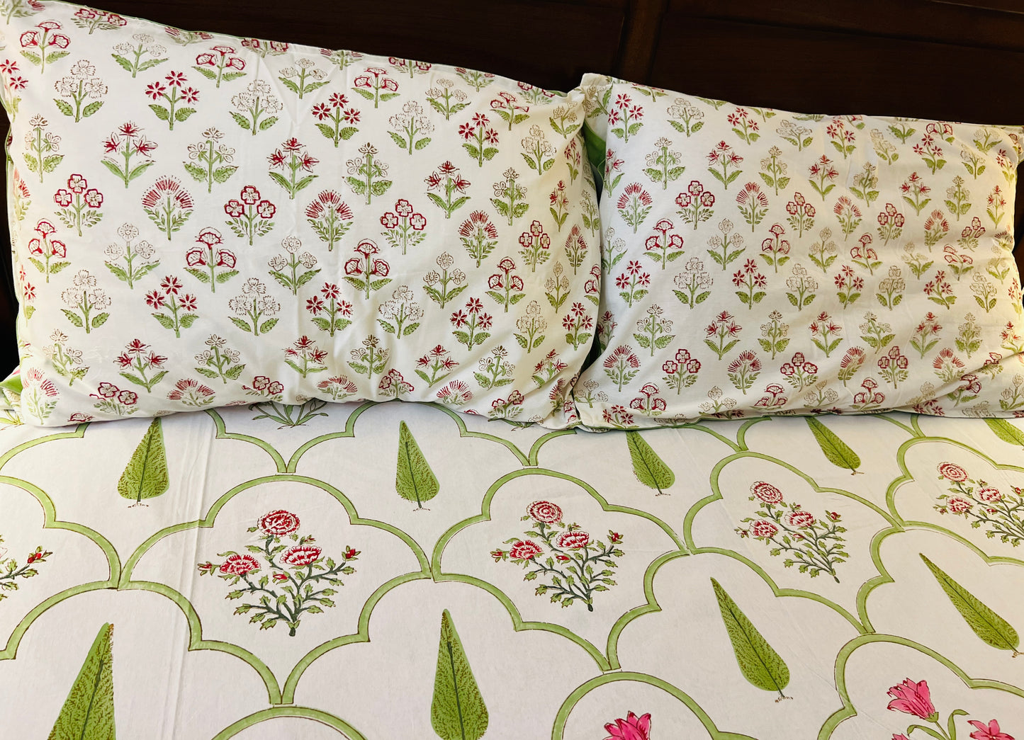 Handmade Floral Block Print Cotton Flat Bedsheet Set with 2 Pillowcase