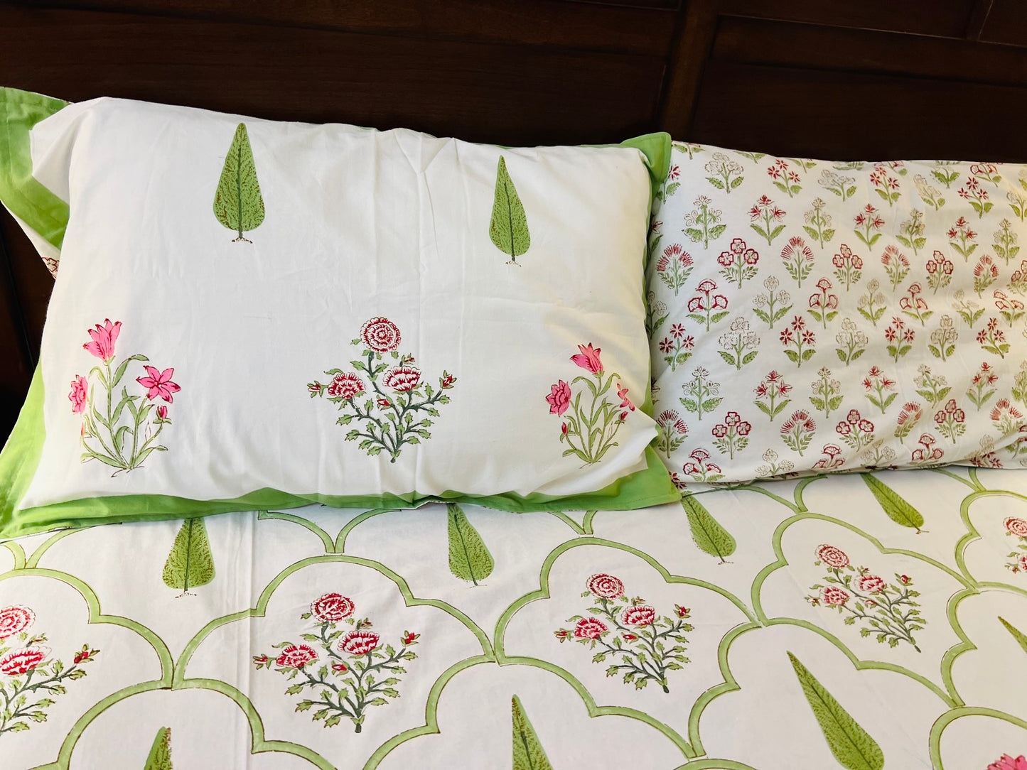 Handmade Floral Block Print Cotton Flat Bedsheet Set with 2 Pillowcase