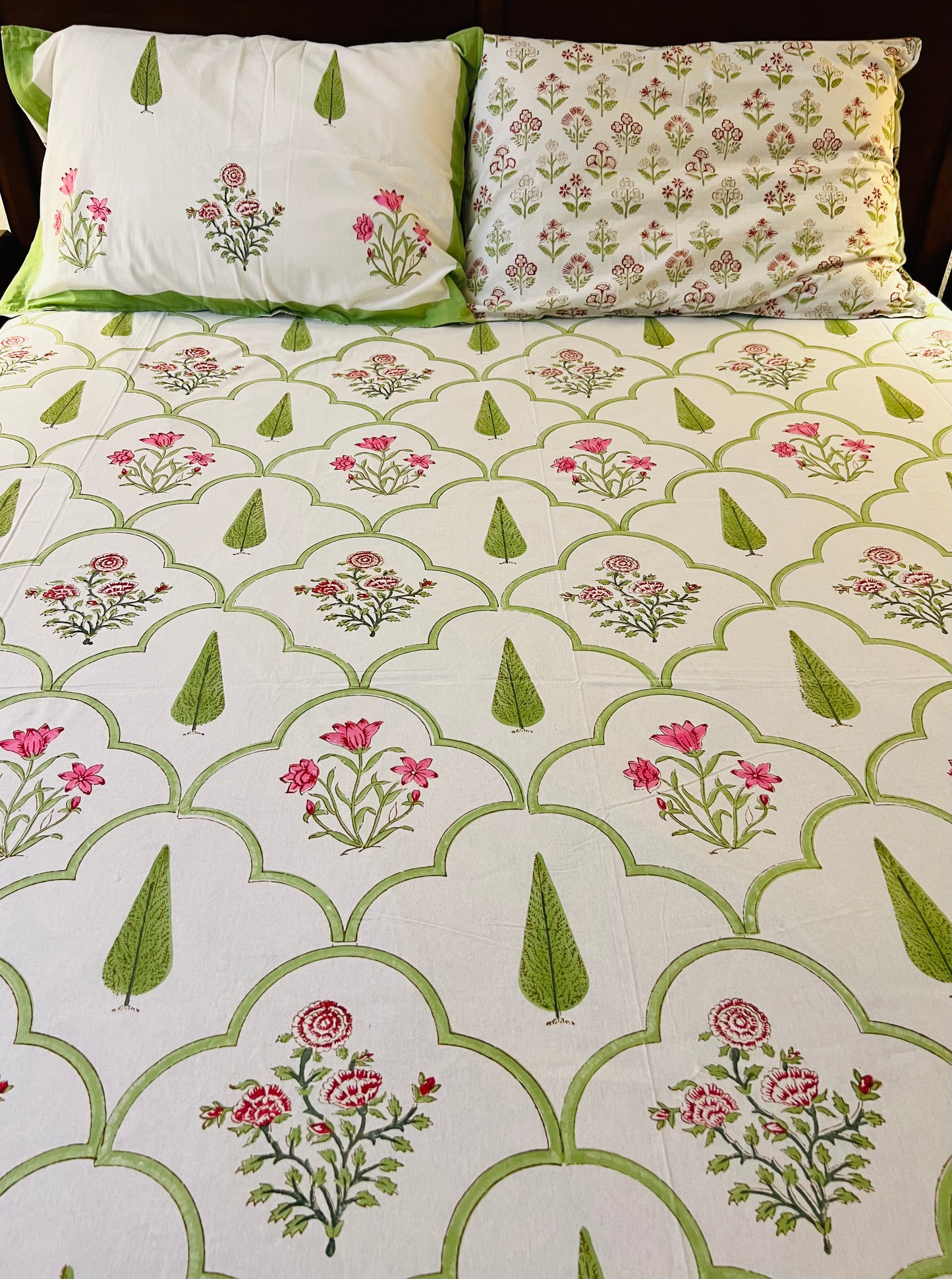 Handmade Floral Block Print Cotton Flat Bedsheet Set with 2 Pillowcase