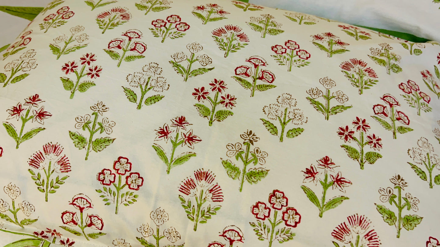 Handmade Floral Block Print Cotton Flat Bedsheet Set with 2 Pillowcase