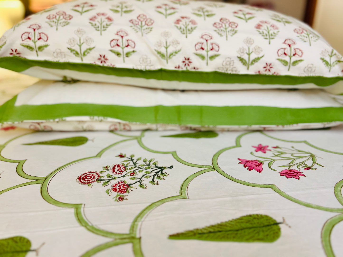 Handmade Floral Block Print Cotton Flat Bedsheet Set with 2 Pillowcase