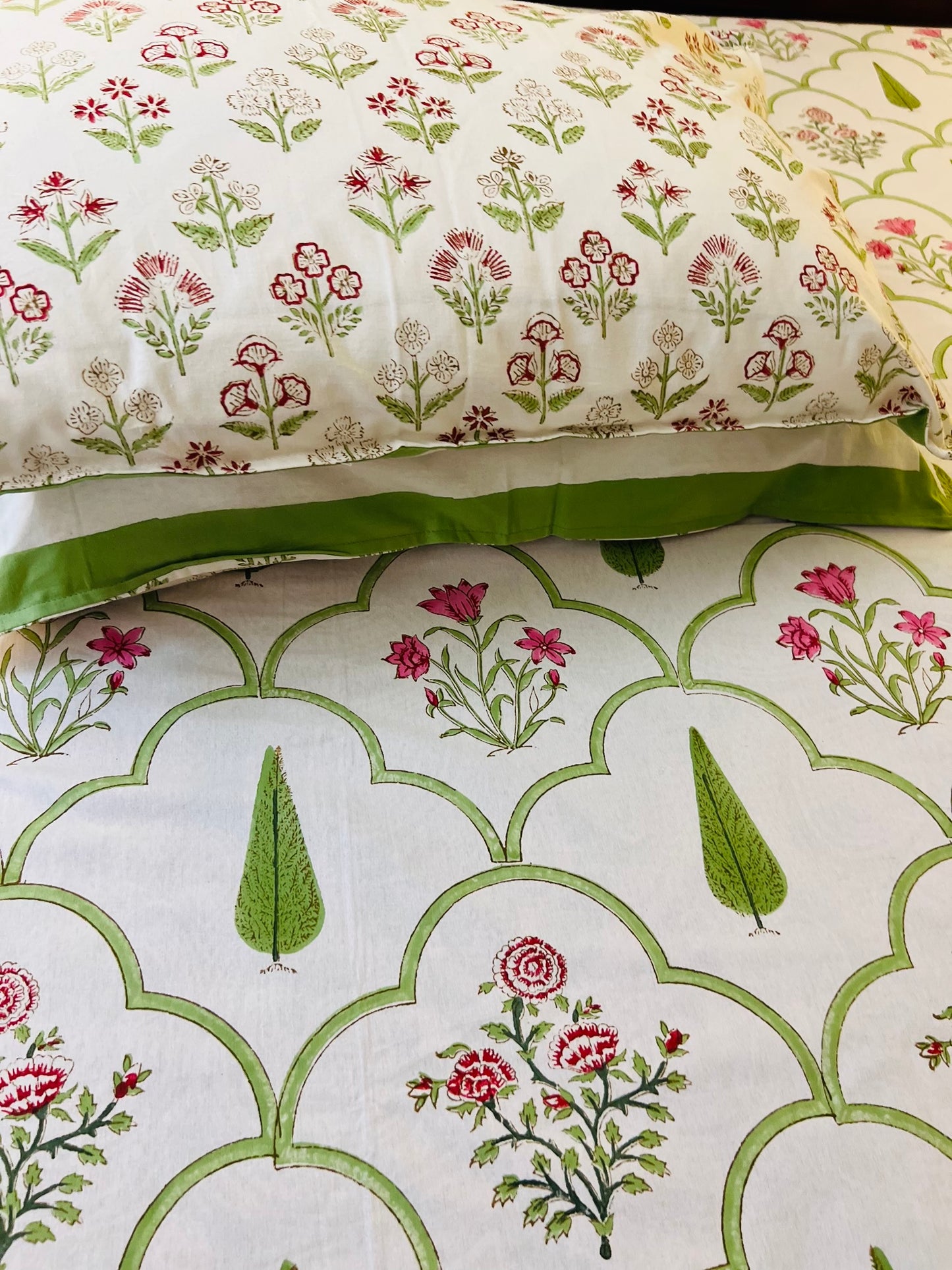 Handmade Floral Block Print Cotton Flat Bedsheet Set with 2 Pillowcase