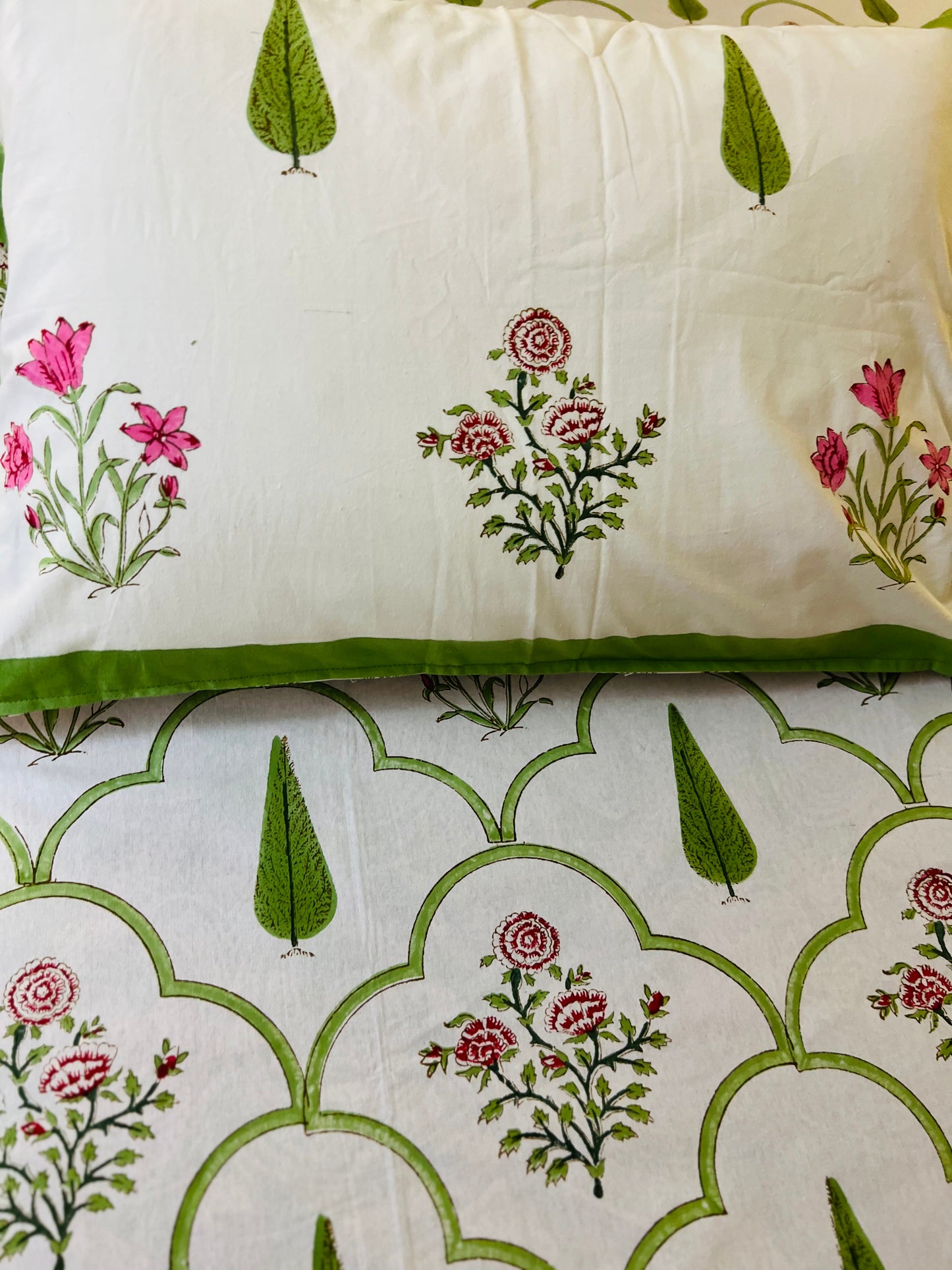 Handmade Floral Block Print Cotton Flat Bedsheet Set with 2 Pillowcase