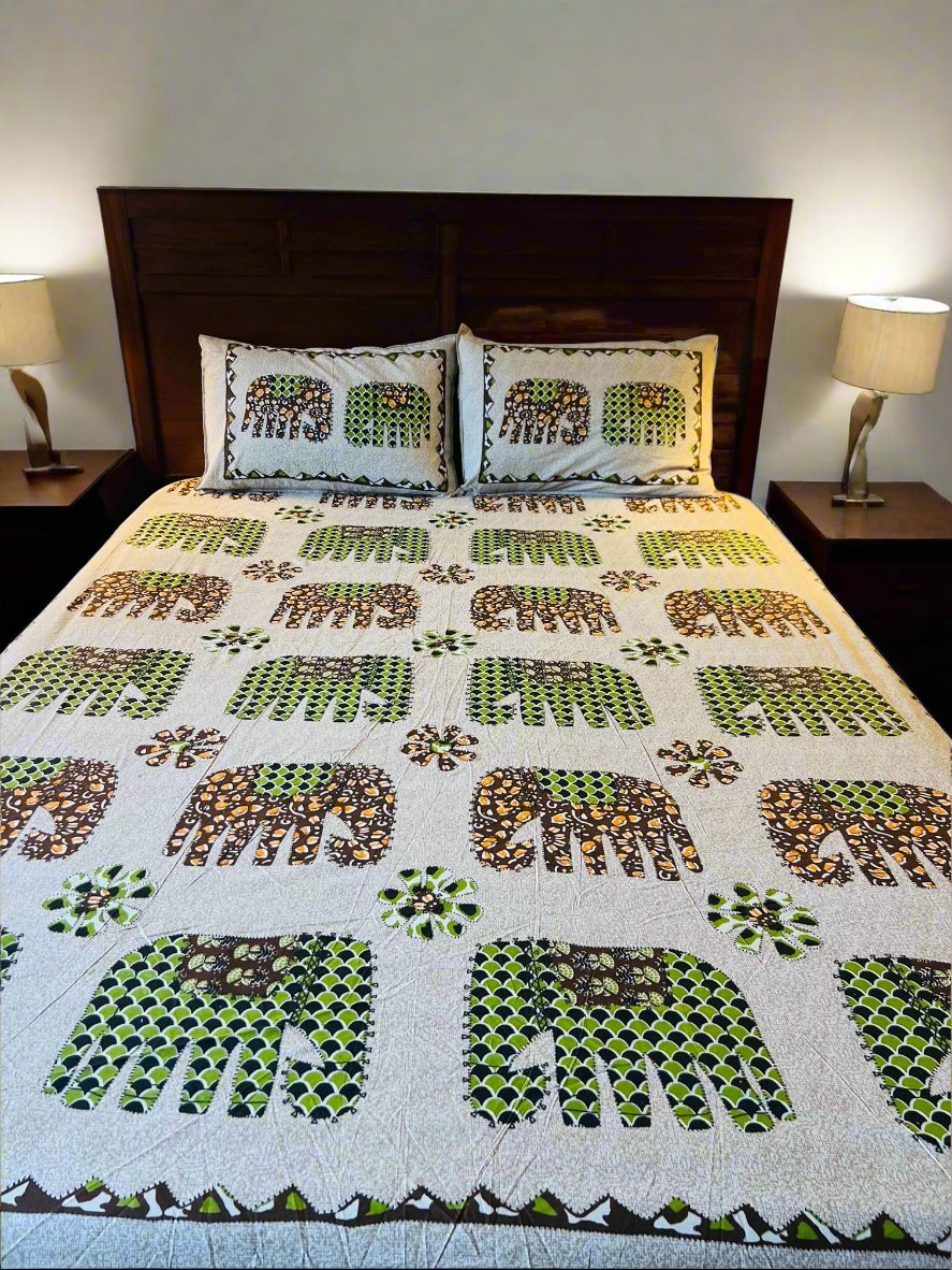 Handmade Elephant Design Cotton Fitted Sheet with Pillow Case