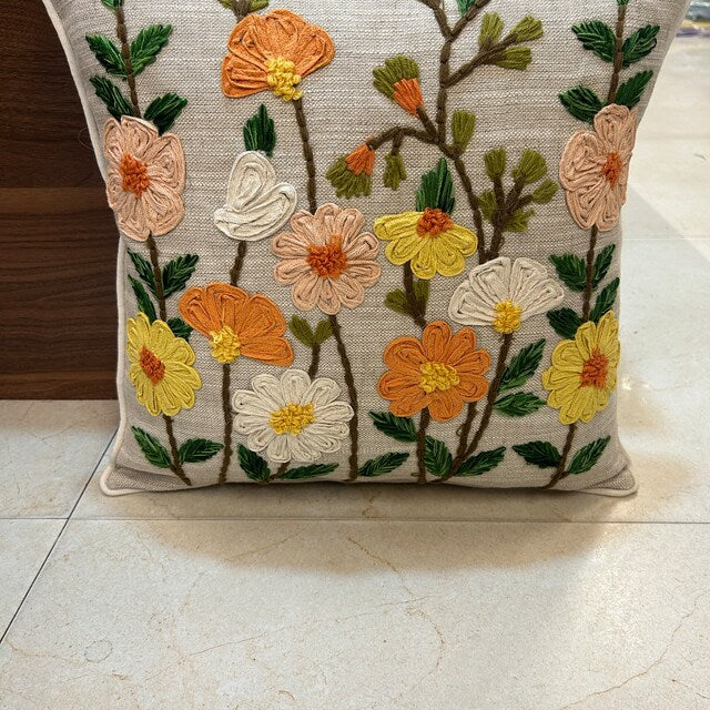 Hand-Embroidered Vibrant 3D Floral Design Boho Cushion Cover