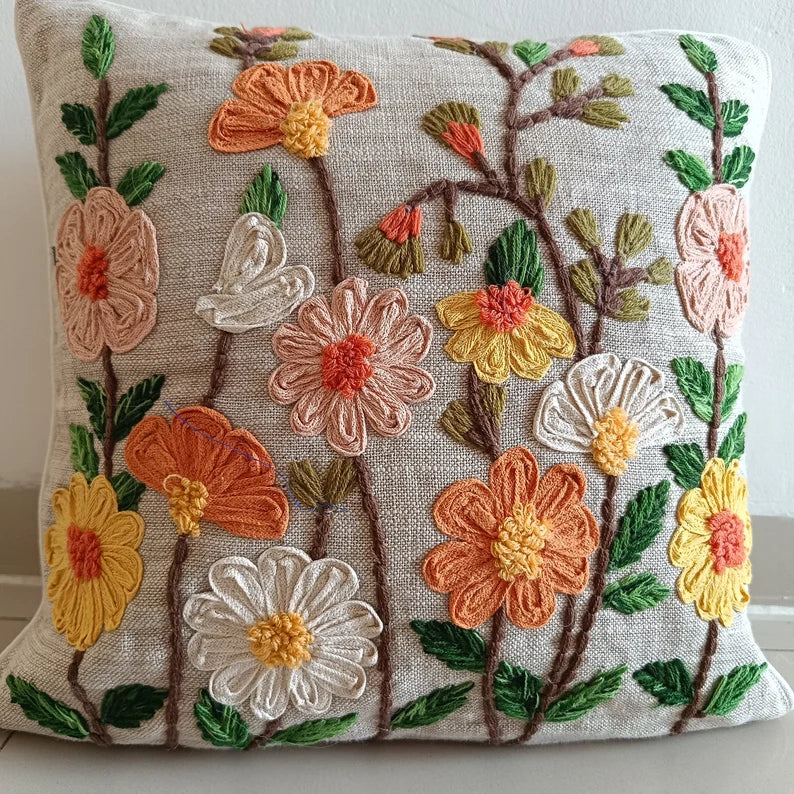 Hand-Embroidered Vibrant 3D Floral Design Boho Cushion Cover