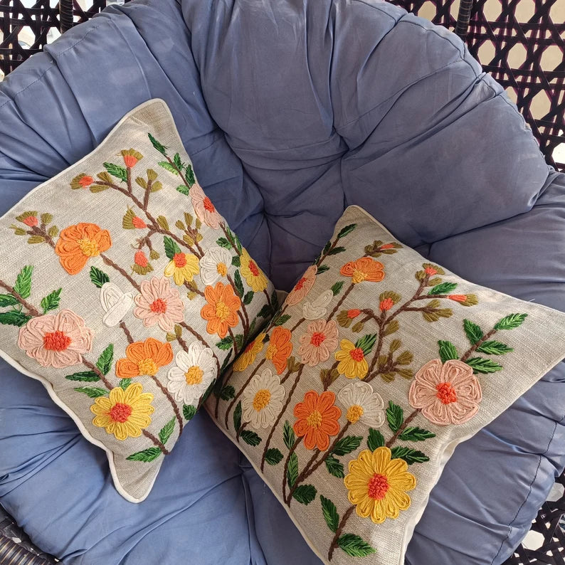 Hand-Embroidered Vibrant 3D Floral Design Boho Cushion Cover