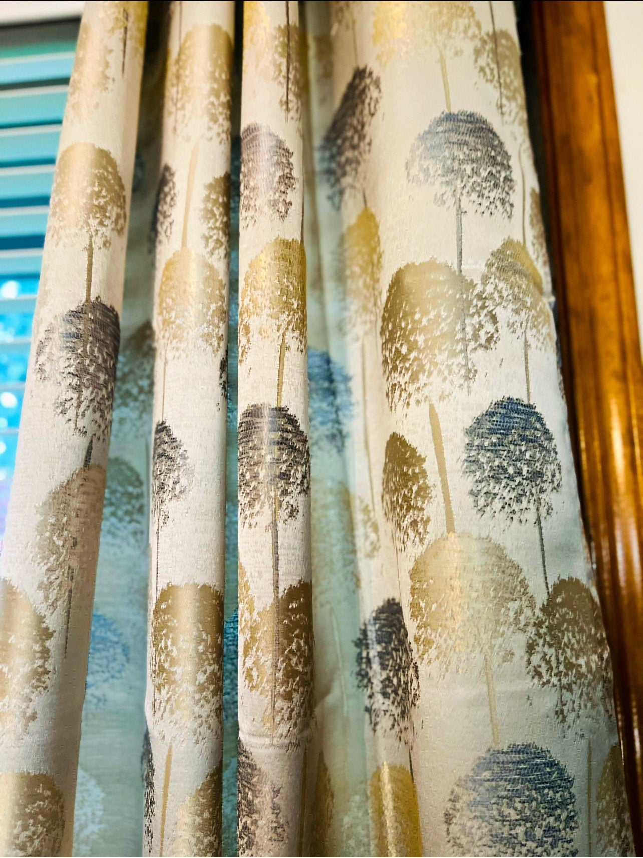 Modern Tree Patterned Curtains, Bohemian Gold and Grey Accent Curtains for Bedroom or Living Room