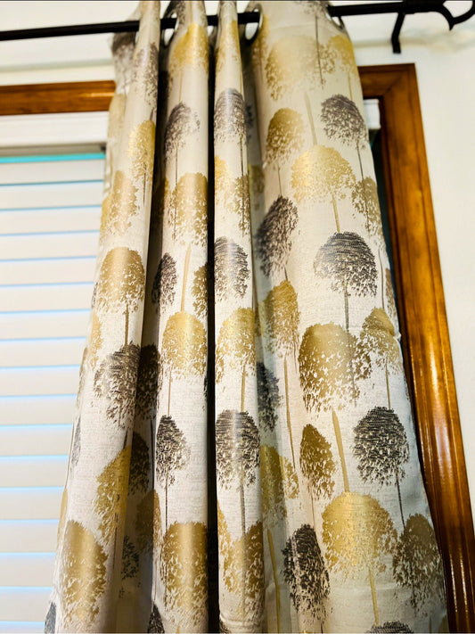 Modern Tree Patterned Curtains, Bohemian Gold and Grey Accent Curtains for Bedroom or Living Room