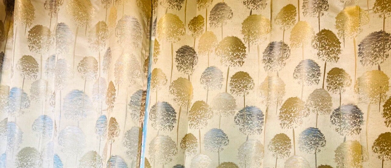 Modern Tree Patterned Curtains, Bohemian Gold and Grey Accent Curtains for Bedroom or Living Room