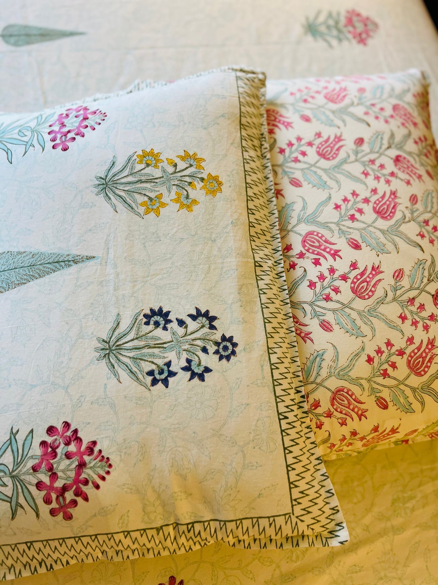 Handmade Floral Block Print Cotton Flat Bedsheet with 2 Reversible Pillow